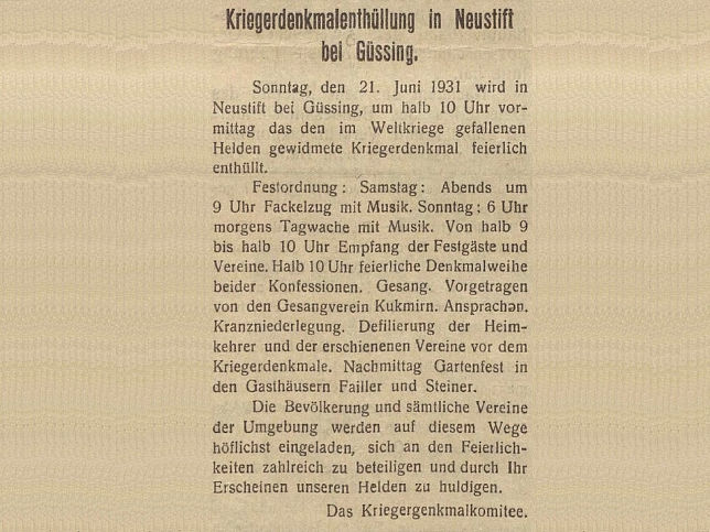 Neustift bei Gssing, Kriegerdenkmal